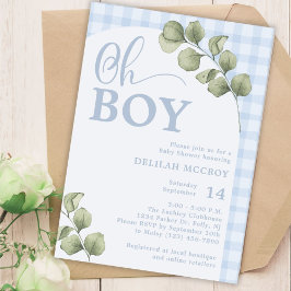 Oh Boy Blue Gingham und Greenery Baby Dusche Einladung