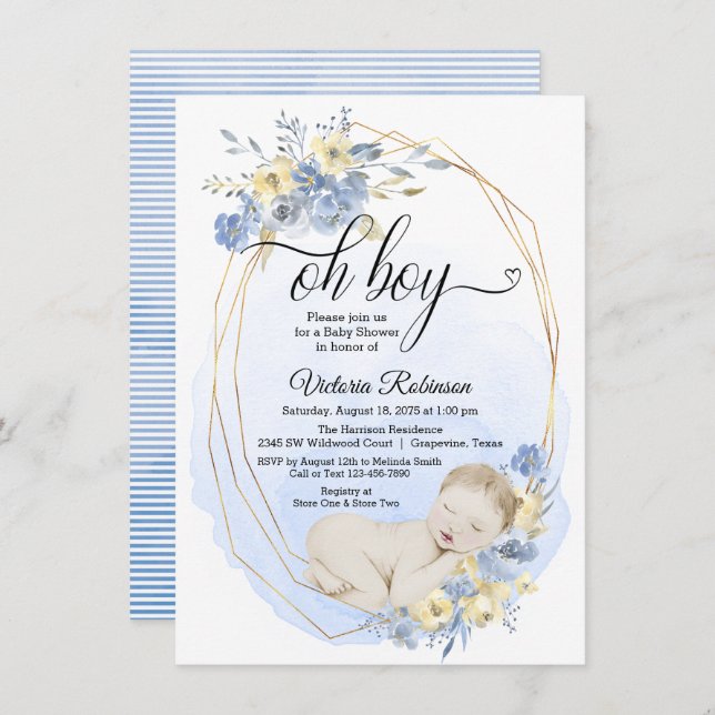 Oh, Boy Blue Gold Watercolor Boy Baby Dusche Einladung (Vorne/Hinten)