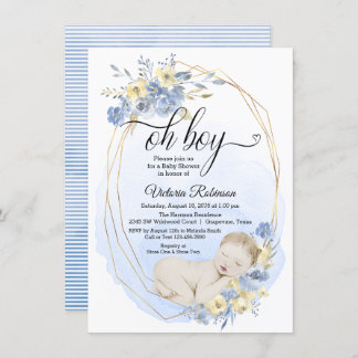 Oh, Boy Blue Gold Watercolor Boy Baby Dusche Einladung