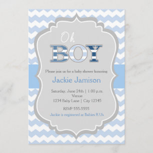 Oh, Boy Blue Gray Zickzack Baby Dusche Einladung
