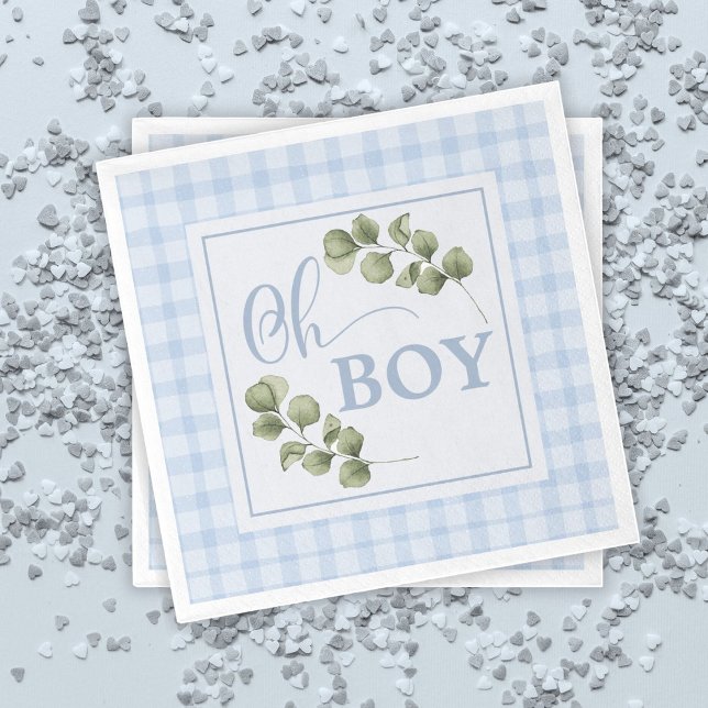 Oh Boy Blue Greenery and Gingham Baby Shower Serviette (Von Creator hochgeladen)