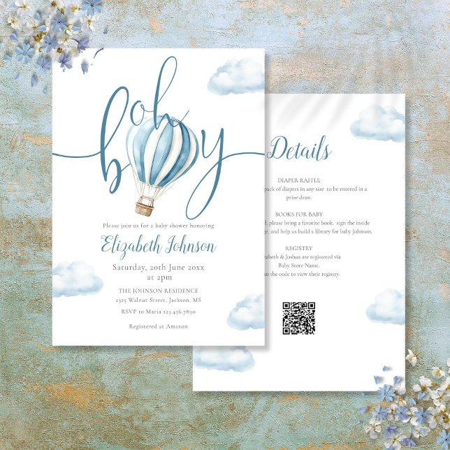Oh, Boy Blue Hot Air Ballon Alle in einem Baby Dus Einladung (Oh Boy Blue Hot Air Balloon All In One Baby Shower Invitation)