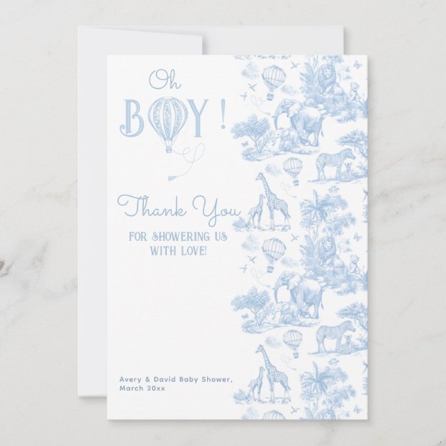 Oh, Boy Blue Toile Safari Animal Baby Dusche Dankeskarte (Vorderseite)