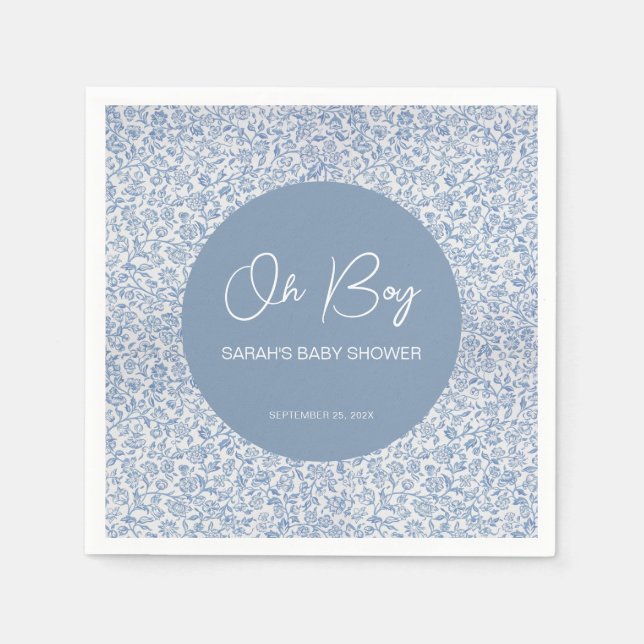 Oh Boy Blue und White Baby Dusche Blumenmuster Serviette (Vorderseite)