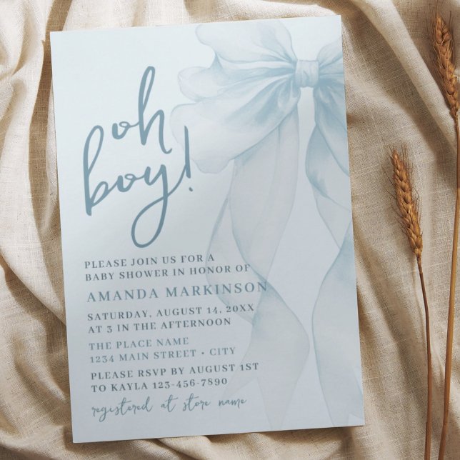 Oh Boy Blue Watercolor Bow Baby Shower Invitation Einladung (Von Creator hochgeladen)