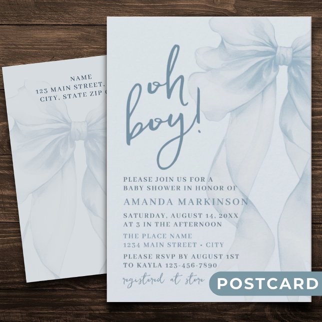 Oh Boy Blue Watercolor Bow Baby Shower Invitation Postkarte (Von Creator hochgeladen)