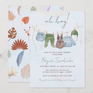 Oh Boy Boho-Wasserfarbe Babykleidung blau Einladung