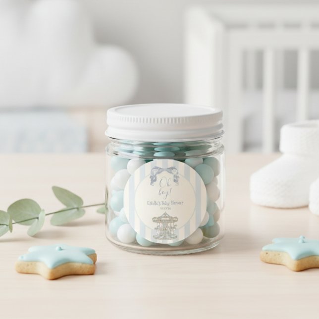 Oh Boy Bow Carousel  Blue Stripe Baby Shower  Runder Aufkleber (Von Creator hochgeladen)