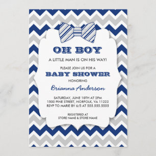 OH BOY Bow Krawatte Babydusche / Marinegrau Zickza Einladung