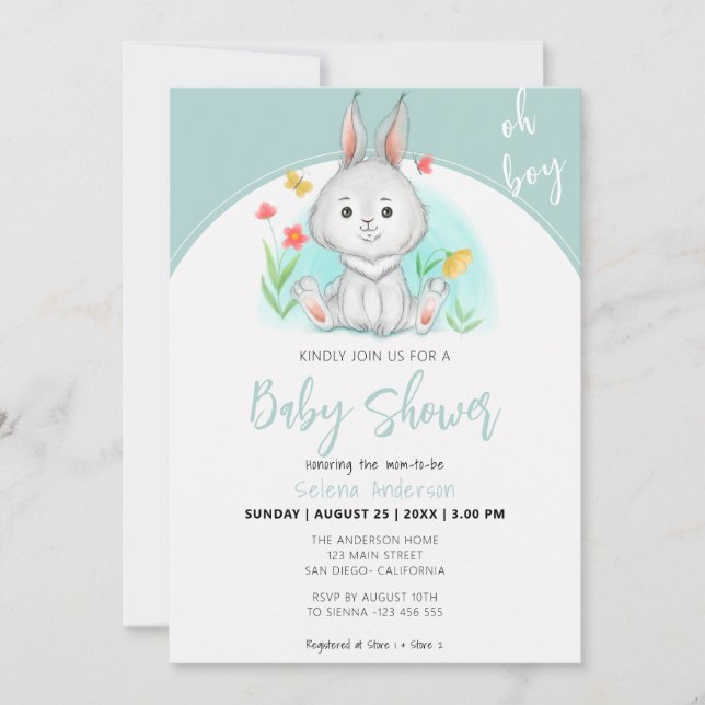 Oh Boy | Bunny Rabbit Baby Shower Einladung (Vorderseite)