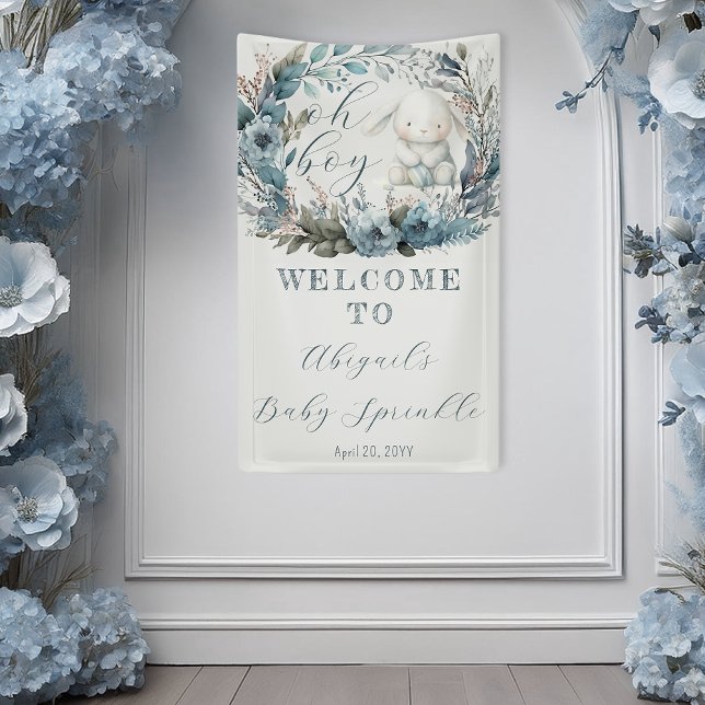 Oh Boy Bunny Rabbit Blue Floral Baby Sprinkle Banner (Bunny Rabbit and Blue Floral Wreath Boy Baby Sprinkle Banner - "Oh Boy" Bunny Collection)