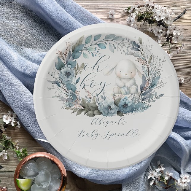 Oh Boy Bunny Rabbit Blue Floral Baby Sprinkle Pappteller (Bunny Rabbit and Blue Floral Wreath Boy Baby Sprinkle Thank You Flat Card  "Oh Boy" Bunny Collection)