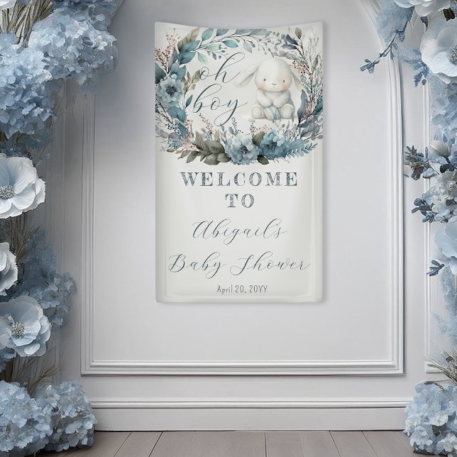 Oh Boy Bunny Rabbit Blue Floral Wreath Baby Dusche Banner (Bunny Rabbit and Blue Floral Wreath Boy Baby Shower Banner - "Oh Boy" Bunny Collection)