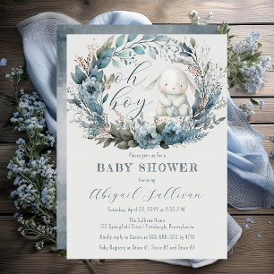 Oh Boy Bunny Rabbit Blue Floral Wreath Baby Dusche Einladung