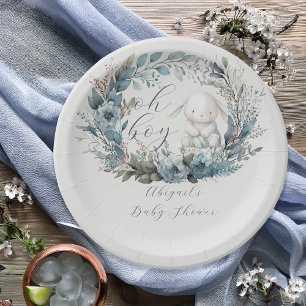Oh Boy Bunny Rabbit Blue Floral Wreath Baby Dusche Pappteller