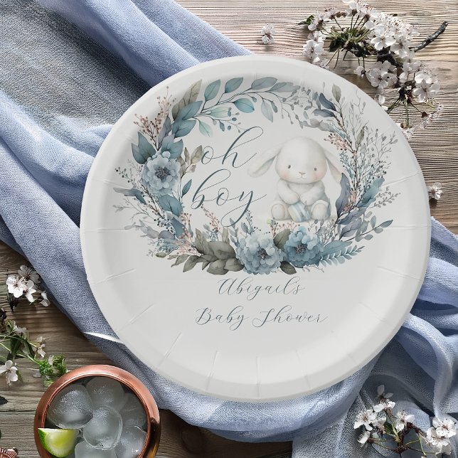 Oh Boy Bunny Rabbit Blue Floral Wreath Baby Dusche Pappteller (Bunny Rabbit and Blue Floral Wreath Boy Baby Shower Paper Plates - "Oh Boy" Bunny Collection)