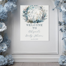 Oh Boy Bunny Rabbit Blue Floral Wreath Baby Dusche Poster