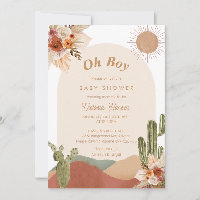 Oh Boy Cactus Desert Baby Shower Southwestern Einladung (Vorderseite)