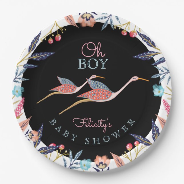 Oh Boy | Chic Floral Botanical Stork Baby Shower Pappteller (Vorderseite)