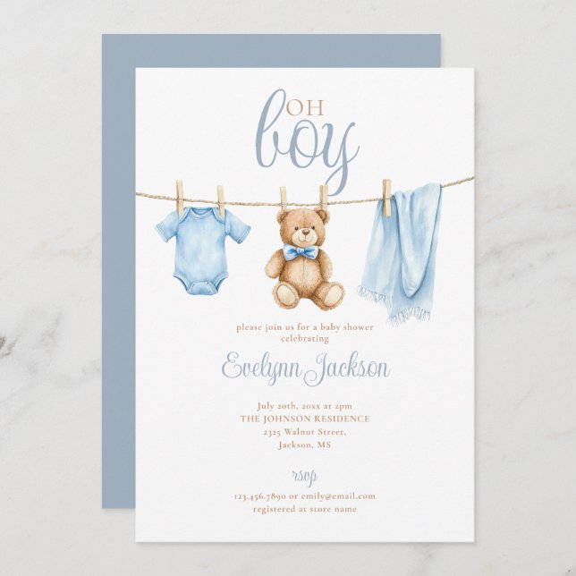Oh Boy Cute Blue Clothesline Baby Shower Einladung (Vorne/Hinten)