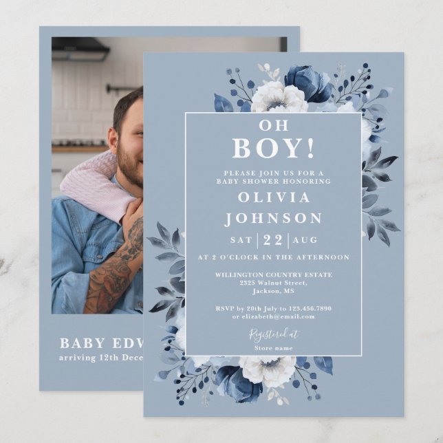 Oh Boy Dusty Blue Floral Foto QR Baby Dusche Einladung (Vorne/Hinten)