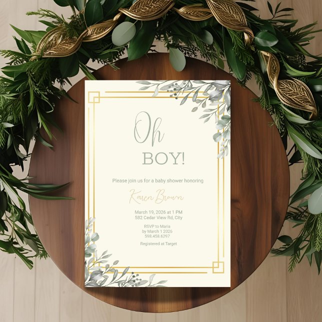 Oh Boy Elegant Greenery & Gold Baby Dusche Einladung (Von Creator hochgeladen)