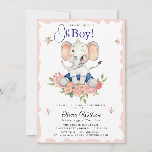 Oh Boy Elephant Baby Shower Invitation Einladung (Vorderseite)