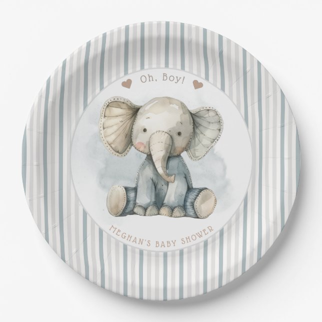 Oh Boy Elephant Blue Arch Baby Dusche Pappteller (Vorderseite)