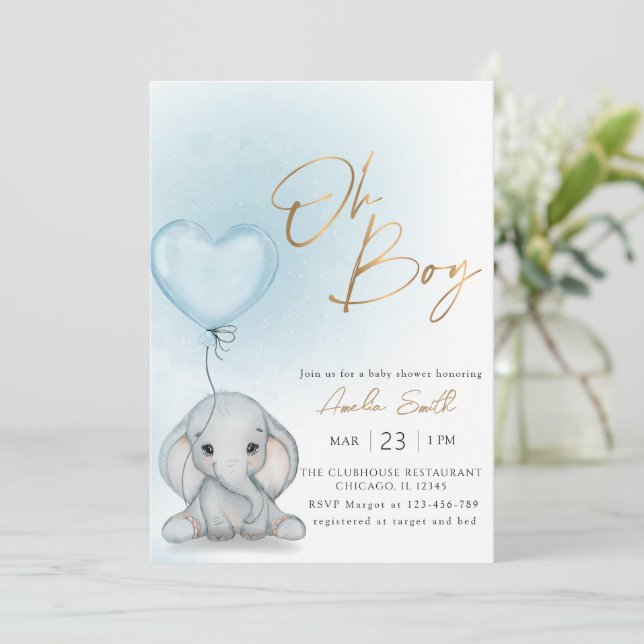 Oh Boy Elephant Blue Balloon boy Baby Shower Einladung (Stehend Vorderseite)