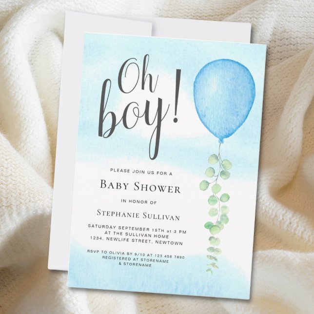 Oh Boy Eucalyptus Blue Balloon Baby Dusche Einladung (Von Creator hochgeladen)