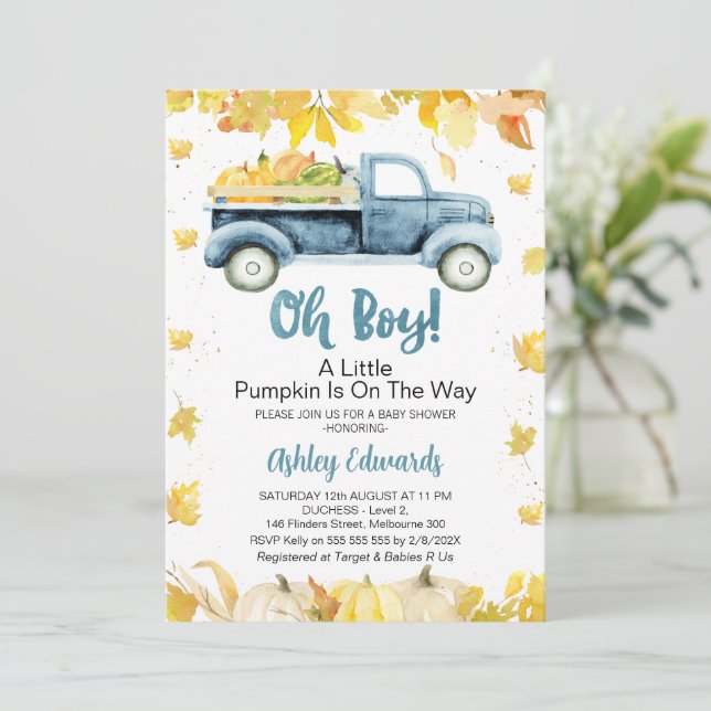 Oh Boy Foliage Little Pumpkin Truck Baby Dusche Einladung (Stehend Vorderseite)