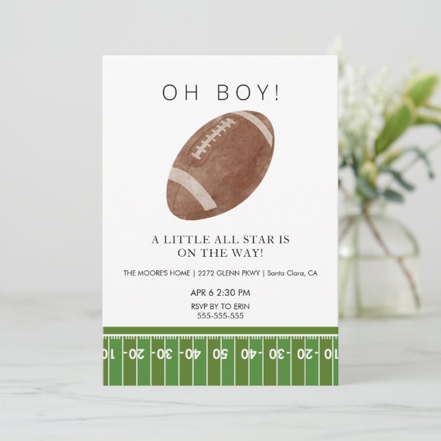 Oh Boy Football Baby Dusche Einladung (Stehend Vorderseite)
