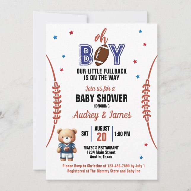 Oh Boy Football Theme Baby Shower Einladung (Vorderseite)