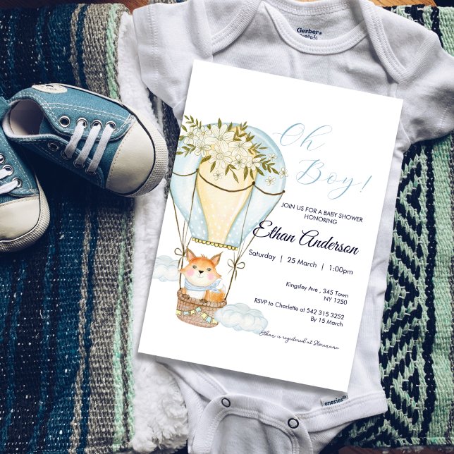 Oh Boy Fox Hot Air Ballon Babydusche Einladung (Oh Boy Fox Hot Balloon Baby Shower Invite)