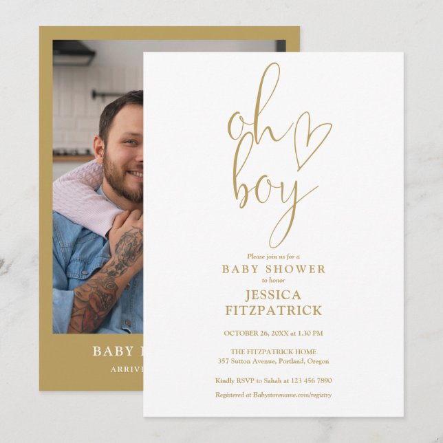 Oh Boy Gold Heart Script Boy Foto Baby Dusche Einladung (Vorne/Hinten)