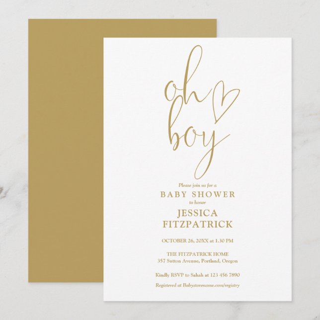 Oh Boy Gold Script Heart Boy Baby Dusche Einladung (Vorne/Hinten)