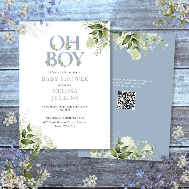 Oh Boy Greenery Dusty Blue QR Code Babydusche Einladung (Oh Boy Greenery Dusty Blue QR Code Baby Shower Invitation)