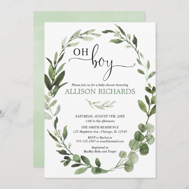 Oh Boy Greenery eucalyptus foliage Babydusche Einladung (Vorne/Hinten)