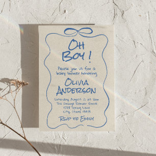 Oh Boy Hand Drawn schrieb Blue Boy Bow Baby Shower Einladung
