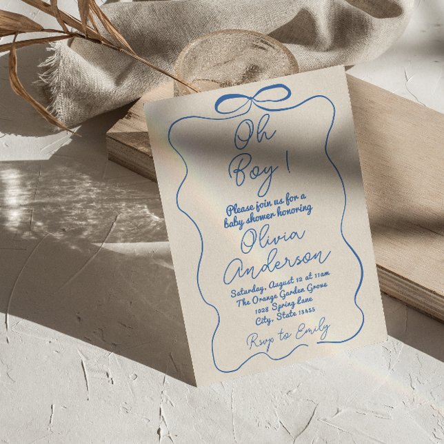 Oh Boy Hand Drawn schrieb Blue Boy Bow Baby Shower Einladung (Von Creator hochgeladen)