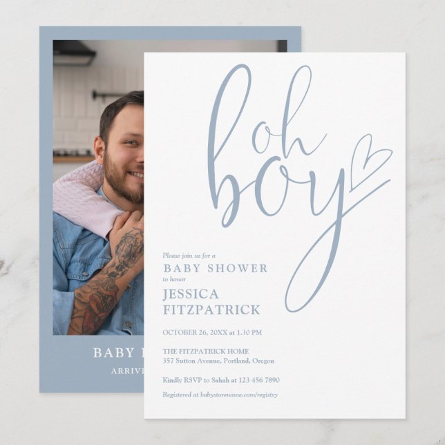 Oh Boy Heart Dusty Blue Boy Photo Baby Shower Einladung (Vorne/Hinten)