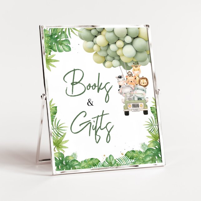 Oh Boy Jungle Safari Kinderdusche Bücher und Gesch Poster (Safari Truck Balloons Baby Shower Books and Gifts Sign)