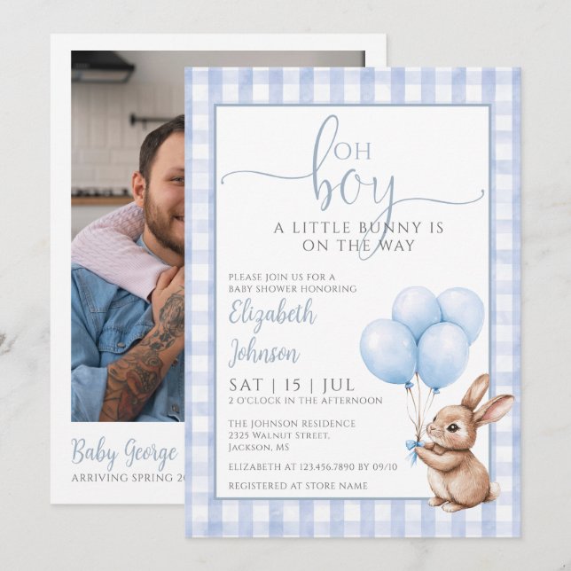 Oh Boy Little Bunny Baby Shower Photo QR Code Einladung (Vorne/Hinten)
