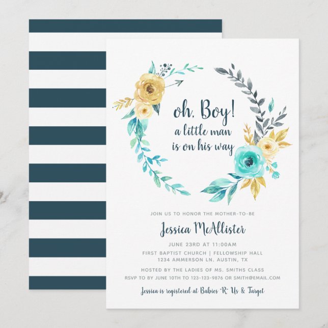 oh Boy Little Man Baby Dusche Aquamarine Einladung (Vorne/Hinten)