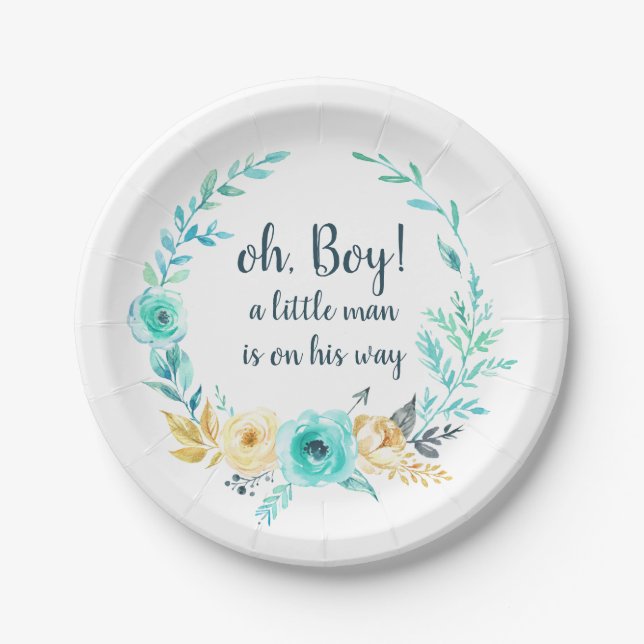 oh Boy Little Man Baby Dusche Blue Gray Gold Arrow Pappteller (Vorderseite)
