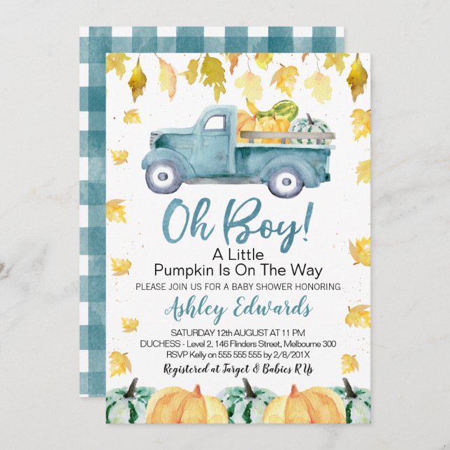 Oh Boy Little Pumpkin Truck Baby Dusche Einladung (Vorne/Hinten)