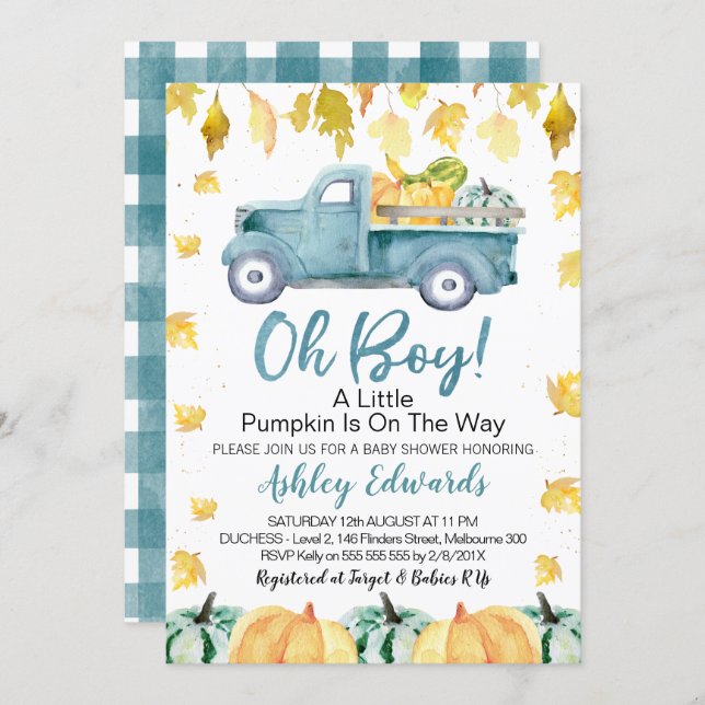 Oh Boy Little Pumpkin Truck Baby Dusche Einladung (Vorne/Hinten)