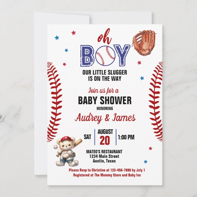 Oh Boy Little Slugger Baseball Theme Baby Dusche Einladung (Vorderseite)