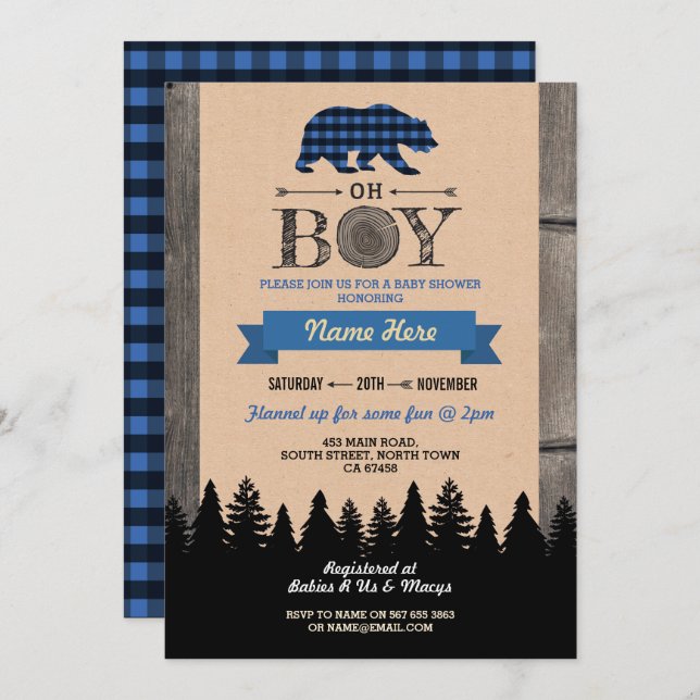 Oh Boy Lumberjack Baby Dusche Blue Bear Einladung (Vorne/Hinten)