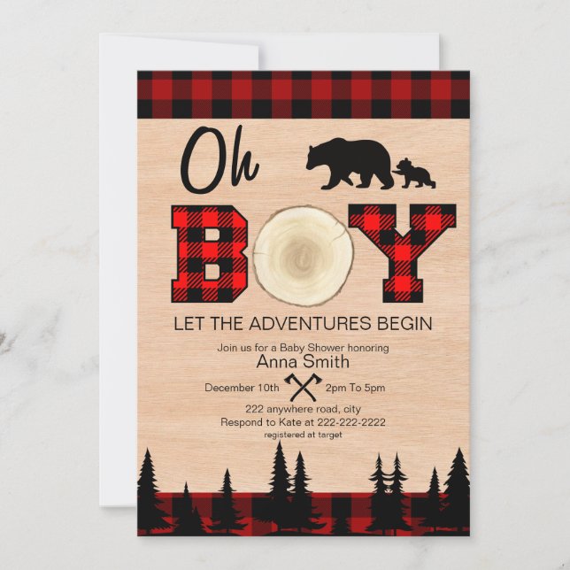 Oh Boy Lumberjack Baby Dusche Einladung (Vorderseite)